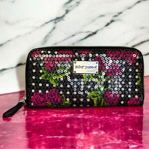 Sequined Betsey Johnson zip-around wallet polka dots sequins roses florals women